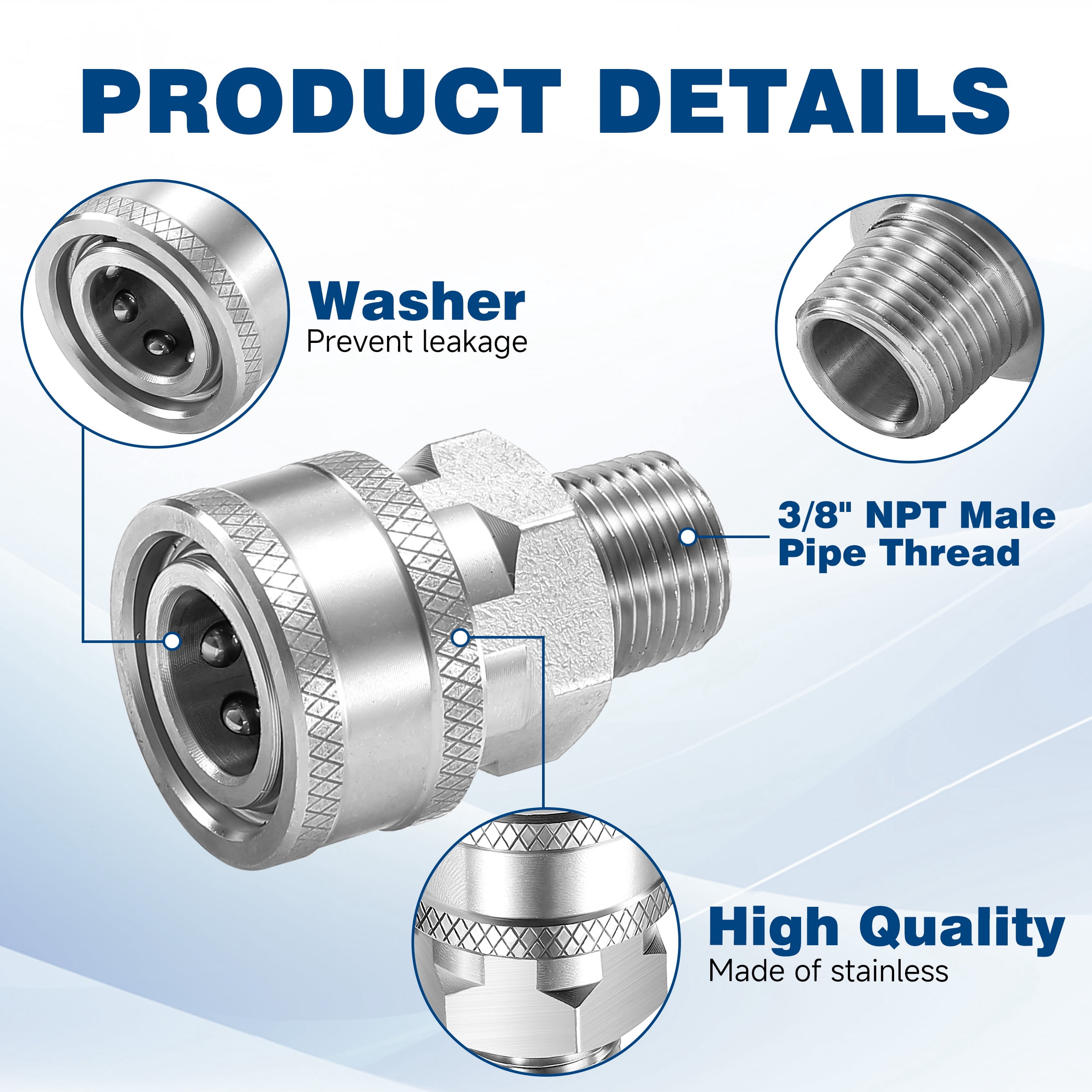 3/8 Inch NPT Pressure Washer Couplers, 12-Piece Stainless Steel External Thread Quick Connector Kit - 3/8" NPT Male Thread Quick Connect Hose Fittings, 5000 PSI