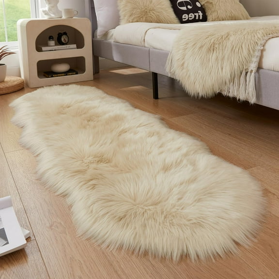 Fluffy Faux Fur Rug 2x6 ft, Plush Shaggy Sheepskin Rug for Bedroom Sofa Nursery, Hypoallergenic Non-Slip Area Rug, Soft Home Decor, Beige