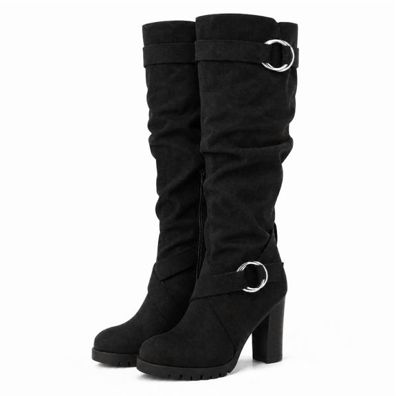 Pennysue Women's Fashion Knee High Boots With Chunky Heel Winter Warm Size Zippers Boots With Buckle Design Size 8M