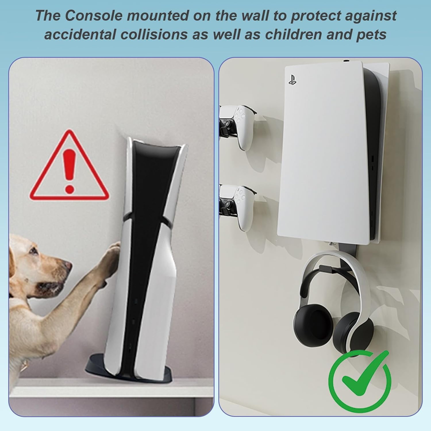 PS5 Wall Mount, Heavy-Duty Steel Mount Kit for Protection & Cooling with 2 Controller Holder and Headset Holder,Compatible with All PS5 Models Including Slim, Pro, Original, Black