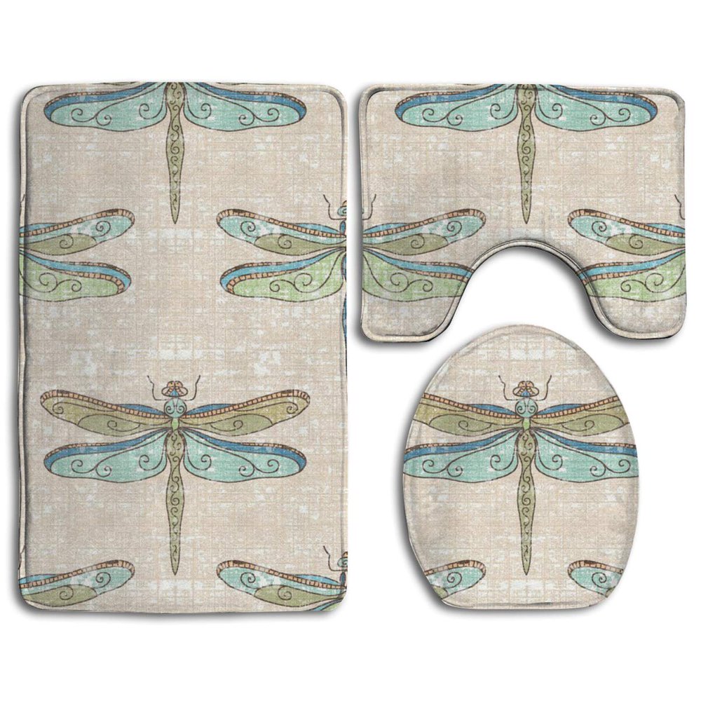 GOHAO Dragonflies 3 Piece Bathroom Rugs Set Bath Rug Contour Mat and