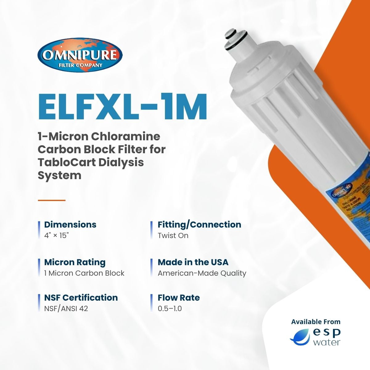 Omnipure ELFXL-1M Filter for TabloCart Dialysis System Quick Change Cartridge