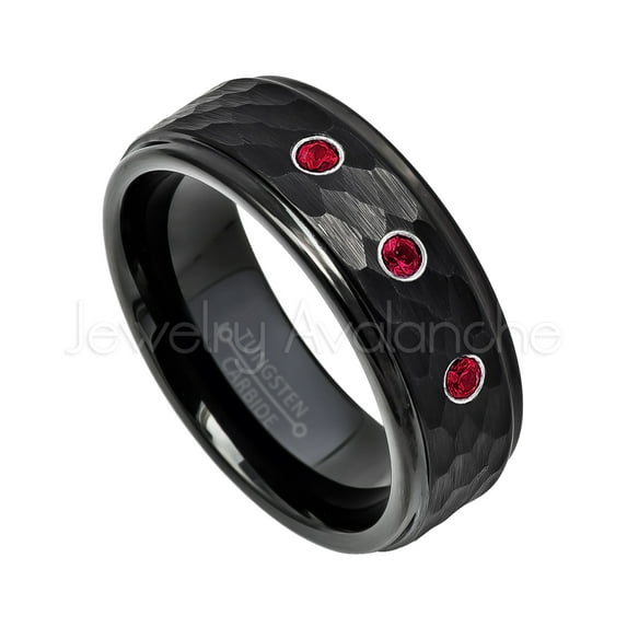 Hammered Black Tungsten Ring - 0.21ctw Ruby 3-stone Band - Personalized Tungsten Wedding Ring - Custom Made July Birthstone Ring TN614BS