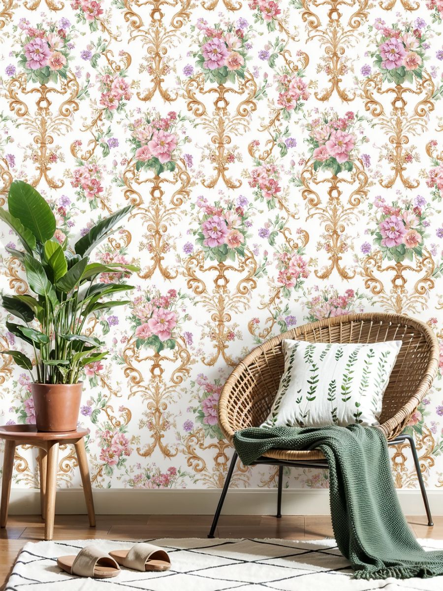 Peel and Stick Wallpaper Vintage Floral Damask Pink Purple Flowers Soft White Wall Mural 17.7in x 9.8ft Self Adhesive Removable Wall Paper Renter Friendly Wallpaper for Nursery Bedroom Cabinets