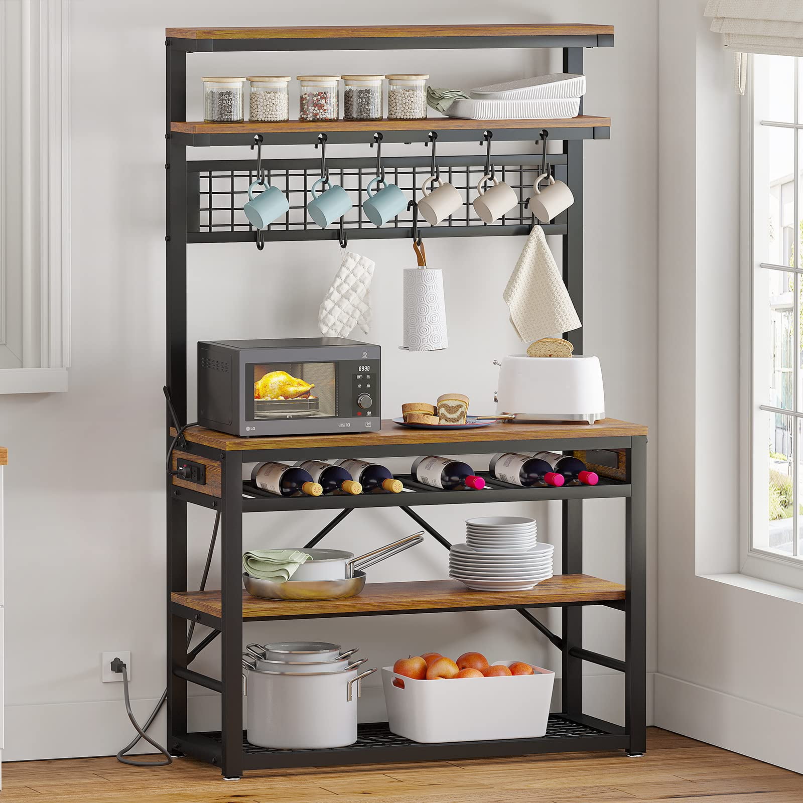 Kitchen Baker s Rack 6 Tier Utility Storage Shelf with Power Outlet and LED Lights Grey Finish