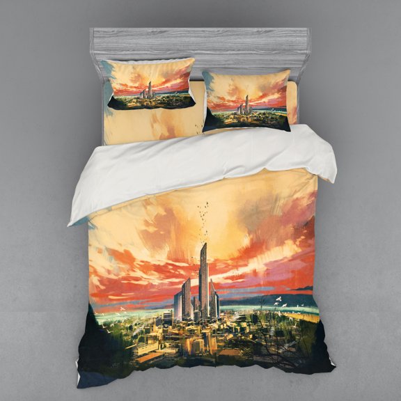 Cityscape Duvet Cover Set, Modern City by Harbor with Sailing Yacht Skyscrapers Painting Style Print, Bedding Set with Shams and Fitted Sheet, 3 Sizes, by Ambesonne
