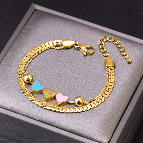 Collar De Acero De Titanio Tres Rosa Azul Amor Cadena De Hueso De Serpiente Doble Melocotón Corazón Pulsera Geometría Sólida Joyería Niña
