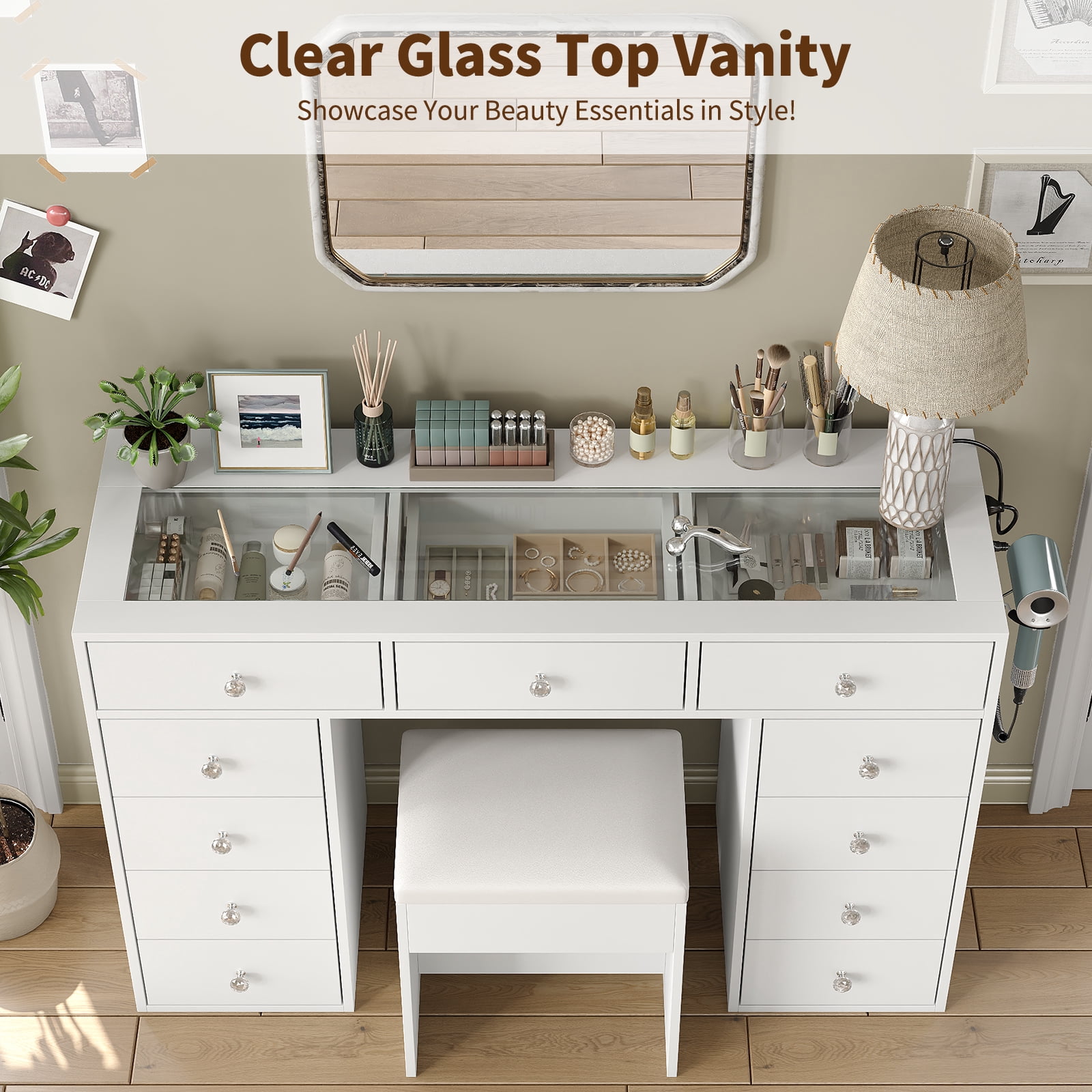 Vanity Desk Without Mirror, Makeup Vanity with 11 Drawers and Charging Station, White Vanity with Storage for Bedroom, Home Office Computer Desk for Bedroom, White