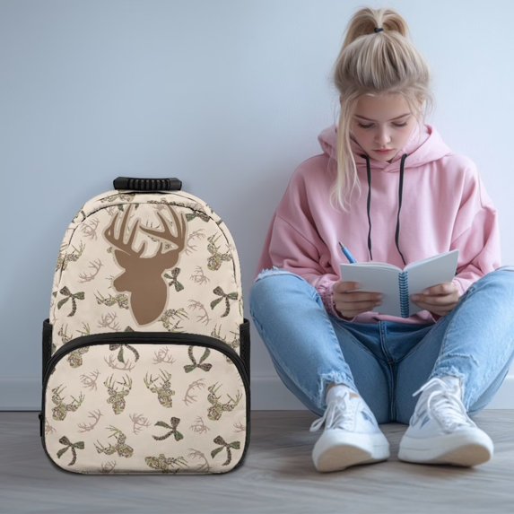 KEIAHUAN Deer Camo Bow Boys School Backpack, Spacious Main Compartment Daypack, Large Capacity 17 Inch Student Backpack Fits 14 Inch Laptop, Extra Front Pocket for Girls Kids Small Accessories