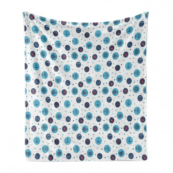 Nautical Soft Flannel Fleece Throw Blanket, Marine Theme with Fishes Anchor Waves Sea Shells Starfish Gulls Life, Cozy Plush for Indoor and Outdoor Use, 50" x 70", Blue Dark Blue Red, by Ambesonne