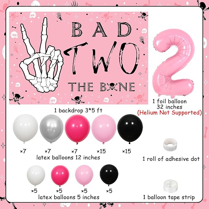 Bad Two the Bone Party Decorations Girl Pink Bad Two the Bone Backdrop Rock Themed 2nd Birthday Balloon Garland Music Themed Birthday Rock N Roll Theme Decors for 2nd Birthday Party