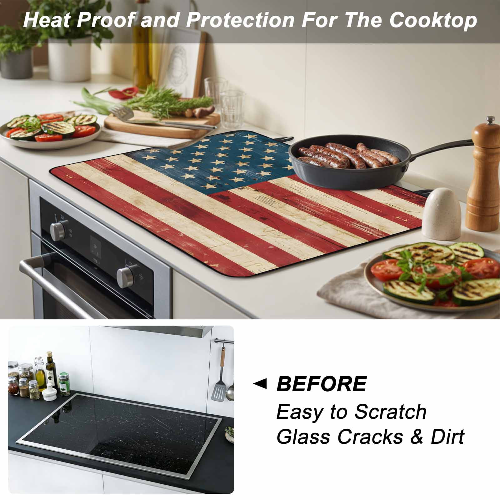 American Flag Stove Top Cover for Electric Stove, Heat-proof & Non Slip Glass Top Stove Cover Protector, Red Strip Vintage Shabby US Flag Kitchen Flat Cooktop Rubber Mat 24x21 Inches
