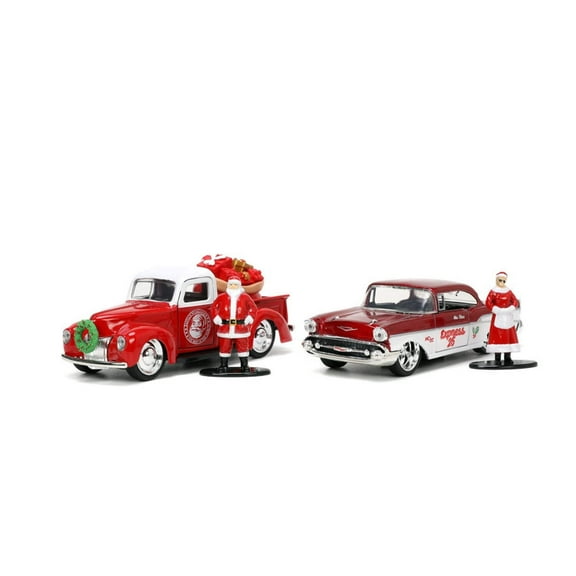 Jada Toys Holiday Rides 1941 Ford Pickup & 1957 Chevy Bel-Air 1:32 Die-cast Car with 1.65 Mr & Mrs. Santa Claus Figure, Model Vehicles