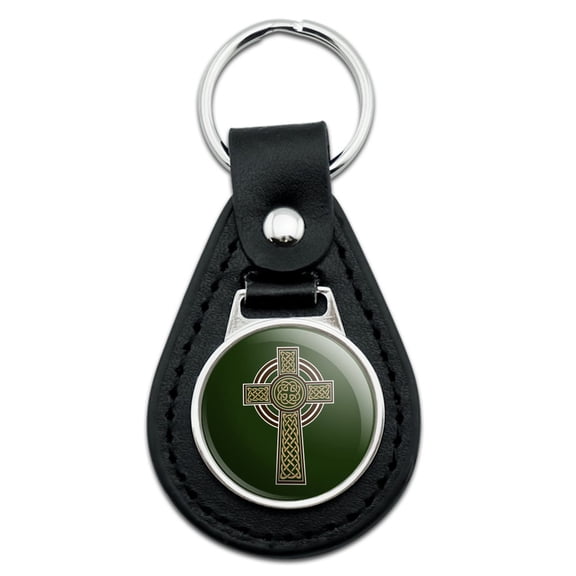 Celtic Christian Cross Irish Ireland Black Leather Keychain