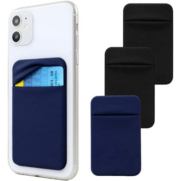 3Pack Cell Phone Card Holder Pocket for Back of Phone,Stretchy Lycra Stick on Wallet Credit Card ID Case Pouch Sleeve Self Adhesive Sticker with Flap for iPhone Samsung Galaxy-2Black 1Navy Blue