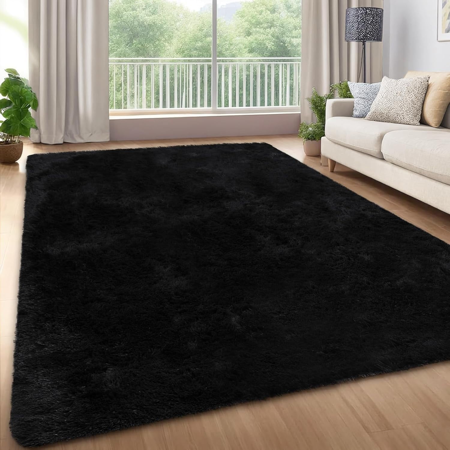 Memoryfield 4' x 6' Area Rug, Plush Non-Skid Rug, for Bedroom Living Room, Black