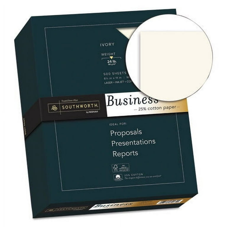 25% Cotton Business Paper, 95 Bright, 24 lb Bond Weight, 8.5 x 11, Ivory, 500 Sheets/Ream 25% Cotton Business Paper, 95 Bright, 24 lb Bond Weight, 8.5 x 11, Ivory, 500 Sheets/Ream