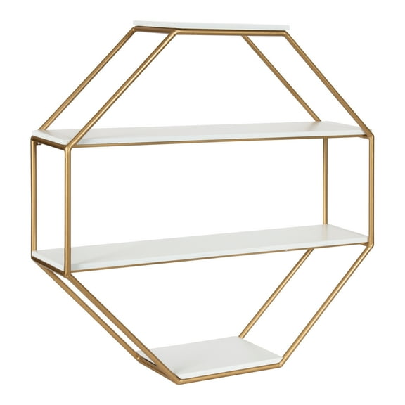 Kate and Laurel Lintz Octagon Floating Wall Shelf, White/Gold 24x24