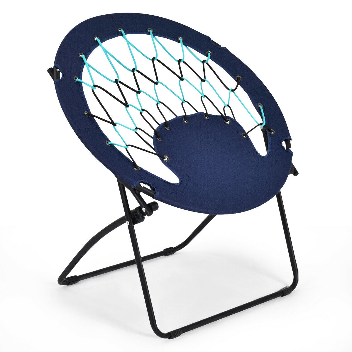 folding round bungee chair steel frame outdoor camping hiking garden blue
