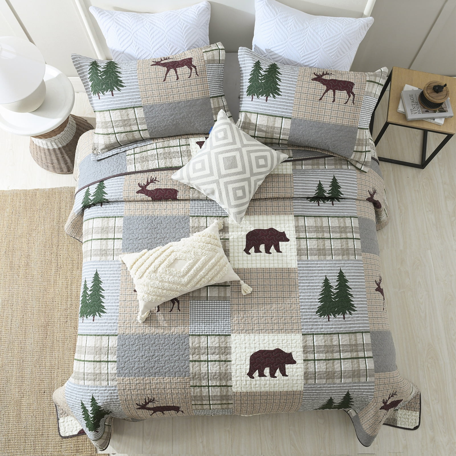 DDUOXIN Farmhouse Cotton Queen Quilt Set - 100% Cotton Brown Gray Patchwork Plaid Rustic Cabin Queen Size Bedspread, Neutral Lightweight Reversible Quiltd Coverlet Set with 2 Pillow Shams, 3 Piece