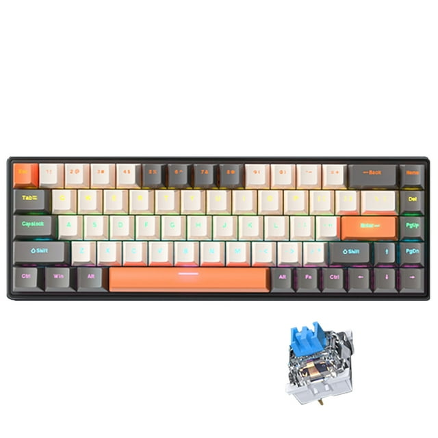 TFixol Clavier Mécanique Compact à 68 Touches avec Mélange Gris, Jaune et Orange, Commutateur Bleu, Rétroéclairage RVB, USB-C, Câble de 1,5 m