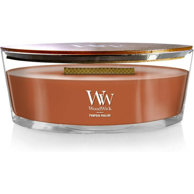 WoodWick Pumpkin Praline Scented Ellipse Candle, Crackles as it Burns, Up to 50 hrs Burn time, 16oz