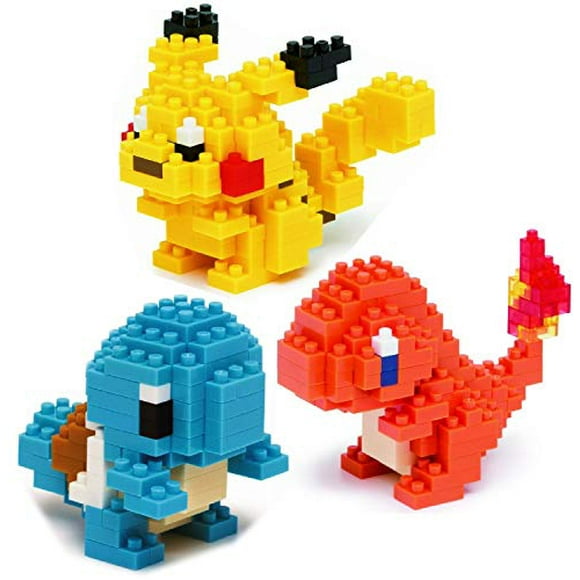Nanoblock Building Blocks Pokemon Pikachu (130pcs), Charmander (120pcs) & Squirtle (120pcs) Gift Set Bundle - 3 Pack