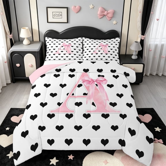 Manfei Pink ABC Print A Full Size Comforter Sets,Cute Coquette Bowknot Bedding Comforter Set,Pink Reversible,3-Piece,1 Comforter and 2 Pillowcases