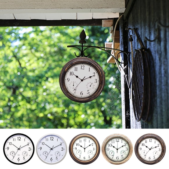 wycnly Outdoor Garden Retro Clock 12in Wall Temperature Hygrometer Frame Indoor Outdoor Decor Easy Read Black Numbers White Face Clearance