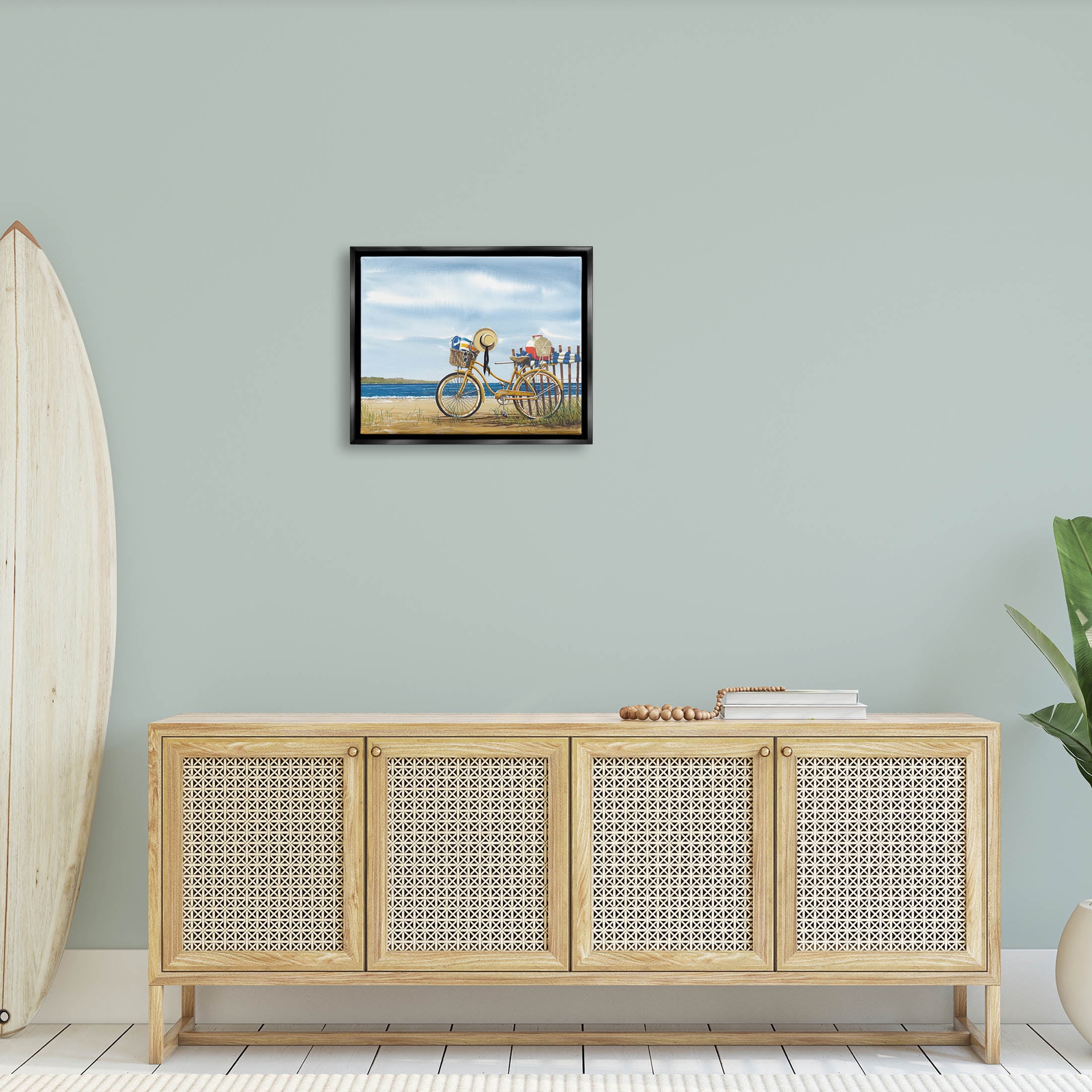 Summer Bike Beach Day Waves Coastal Painting Jet Black Framed Art Print Wall Art