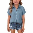 thumbnail image 2 of OIOLOYJM Linen Shirts for Girls Summer Casual Short Sleeve Button Down Pocket Blouses Lightweight Breathable Comfy Shirts Blue 9-10 Year, 2 of 5