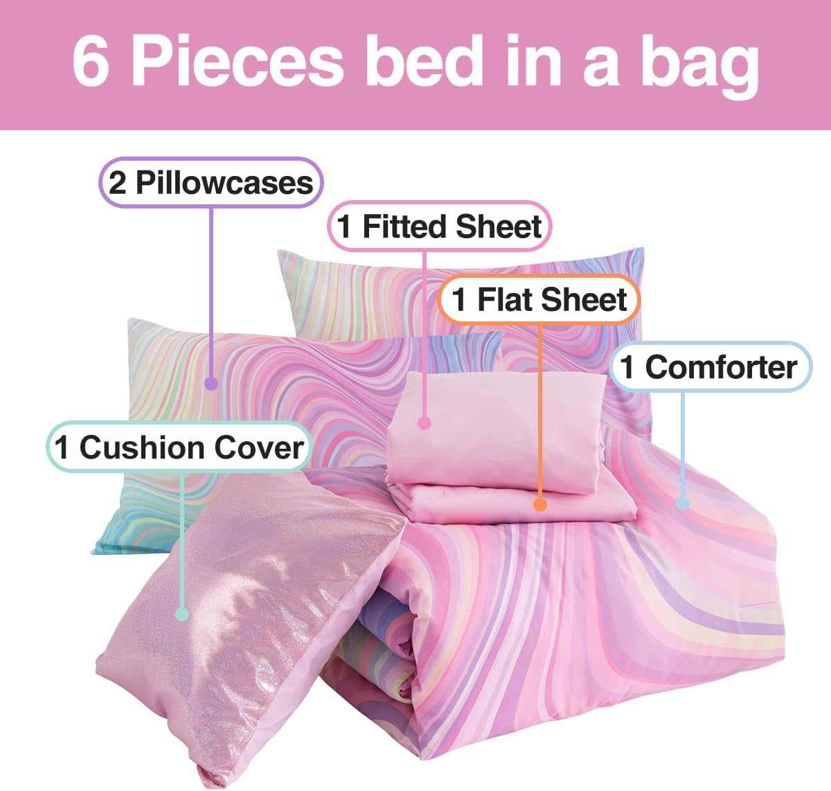 NTBED 6 Pieces Gradient Wavy Line Comforter Set, Colorful Glitter Rainbow Star Pattern Bedding Set for Boys Girls Teens, Twin Pink Green