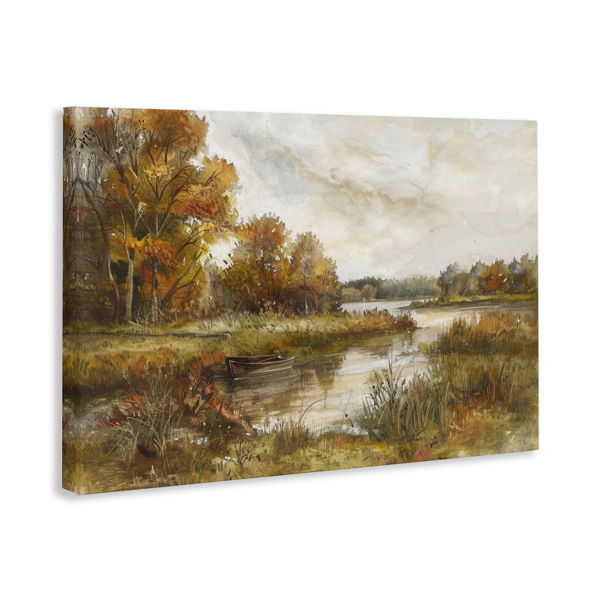 Stupell Industries Fall Scenic River Boat Landscape & Nature Painting Wrapped Canvas Art Print Wall Art, 24 x 16