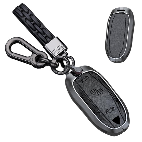 Metal Key Fob Cover Fit for TeslaFit for Model S/3/Y Leather key Protection Case Smart Remote Key Cover Accessory Protector Metal Keychain