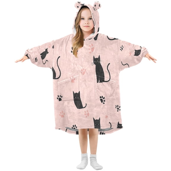 Wearable Blanket with Sleeves and Pocket Oversized Hooded Sweatshirt 3-14 YR Black Cat and Cat's Paw S