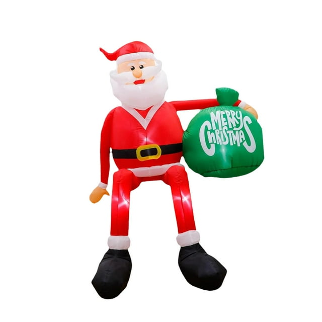 Papá Noel inflable navideño, decoración para exteriores, sentado en el techo, exhibición navideña iluminada con bolsa de regalo grande para el hogar