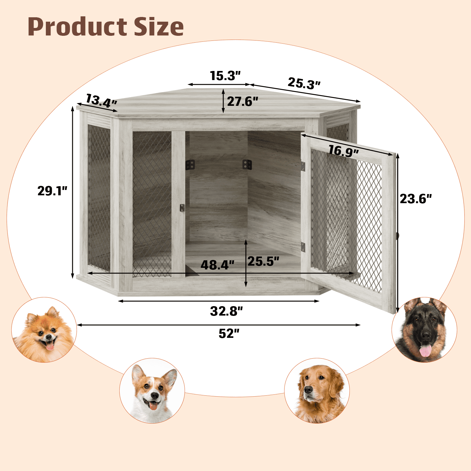 Bossin 52"Corner Dog Crate Furniture，Wooden Dog Kennel Indoor Furniture，Decorative Dog Crate, Dog Kennel TV Stand End Table for Small to Large Dogs