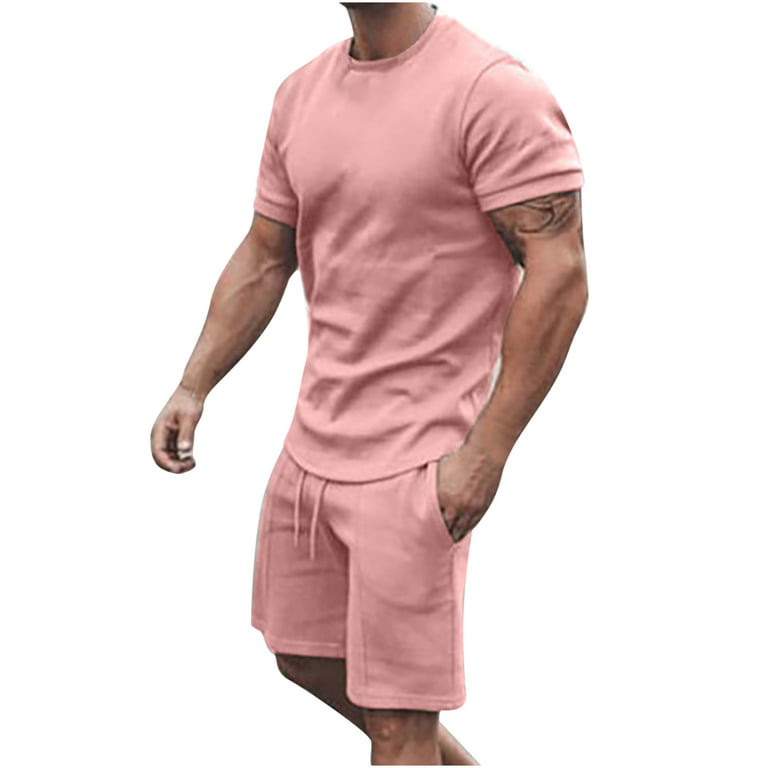 Summer Men Outfit Lapel Neck Short Sleeve T-Shirt+Shorts 2-Piece Set  Sweatsuit
