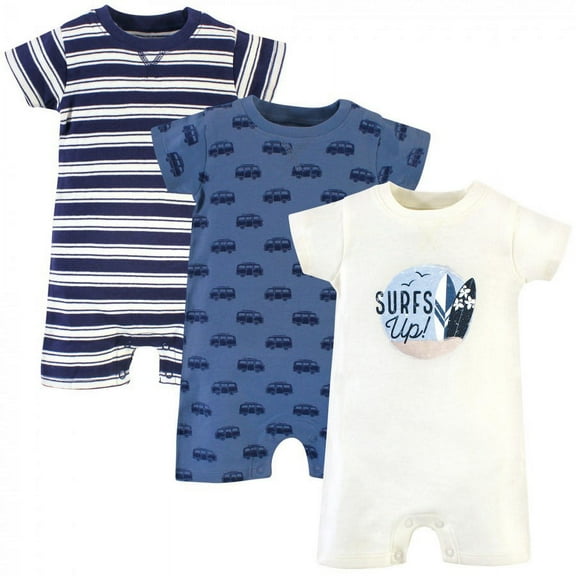 Touched by Nature Baby Boy Organic Cotton Rompers 3pk, Surfs Up, 0-3 Months