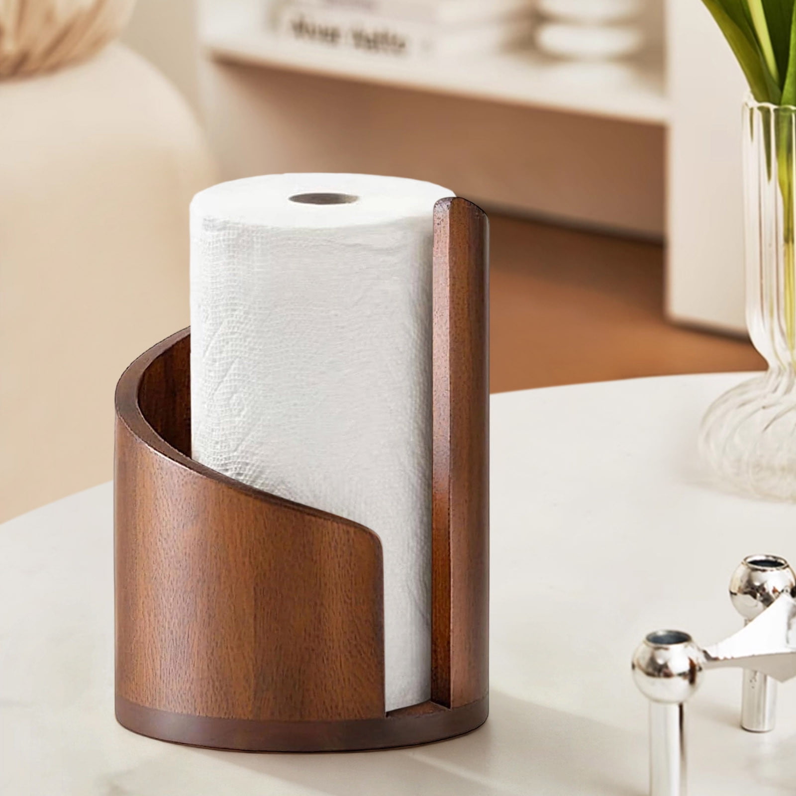 LIORAGLJ 8.5x8.25x8.25in Natural Wood Paper Towel Holder with Iron Stand for Kitchen Countertop Organization (Brown)