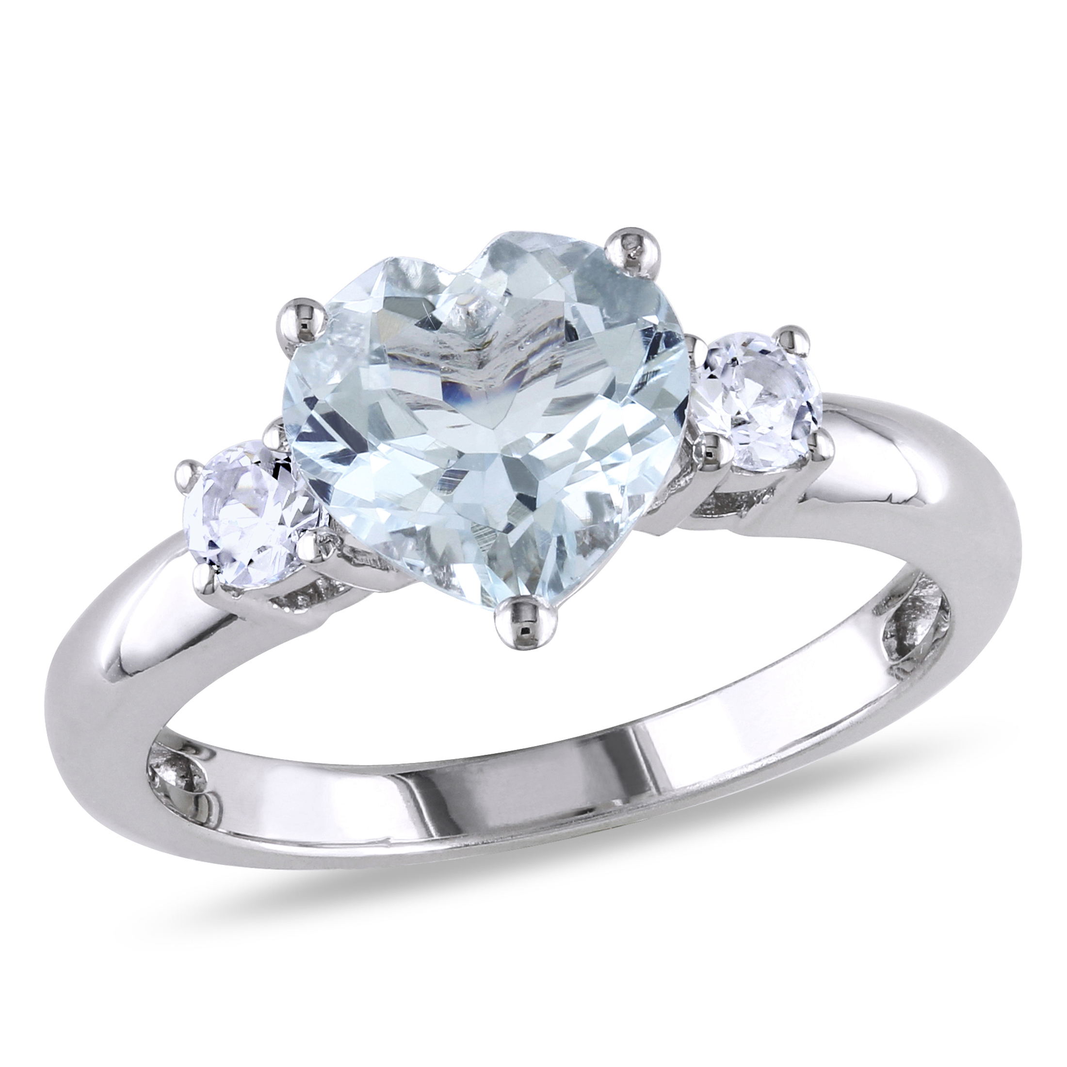 Miabella Women's 1-4/5 Carat T.G.W. Heart-Shape Aquamarine and Round-Cut Created White Sapphire Sterling Silver Three Stone Ring