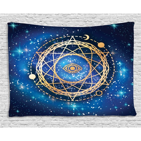 Galaxy Mandala Tapestry, Sacred Geometry Emblem on Bokeh Style Background, Wall Hanging for Bedroom Living Room Dorm Decor, 60W X 40L Inches, Pale Coffee Night Blue and Cobalt Blue, by Ambesonne