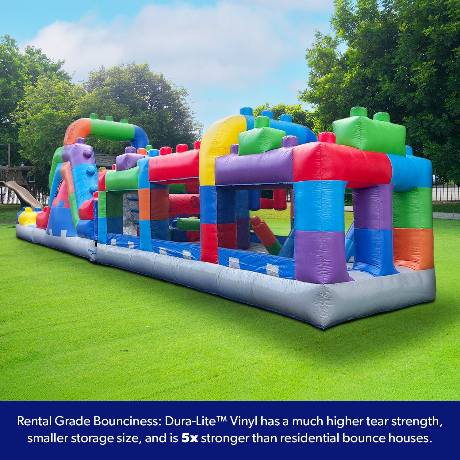 HeroKiddo 42ft Long 4 in 1 Inflatable Obstacle Course with Dual Lane Water Slide, Wet Dry Fun for Kids