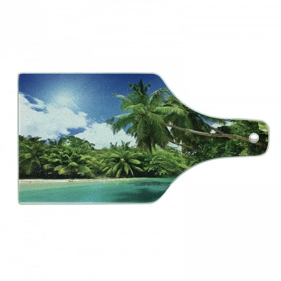 Jungle Cutting Board, Mahe Island Seychelles Lake and Palms with Clear Morning Sky Forest Vacation, Tempered Glass Cutting and Serving Board, Wine Bottle Shape, Aqua Green White, by Ambesonne