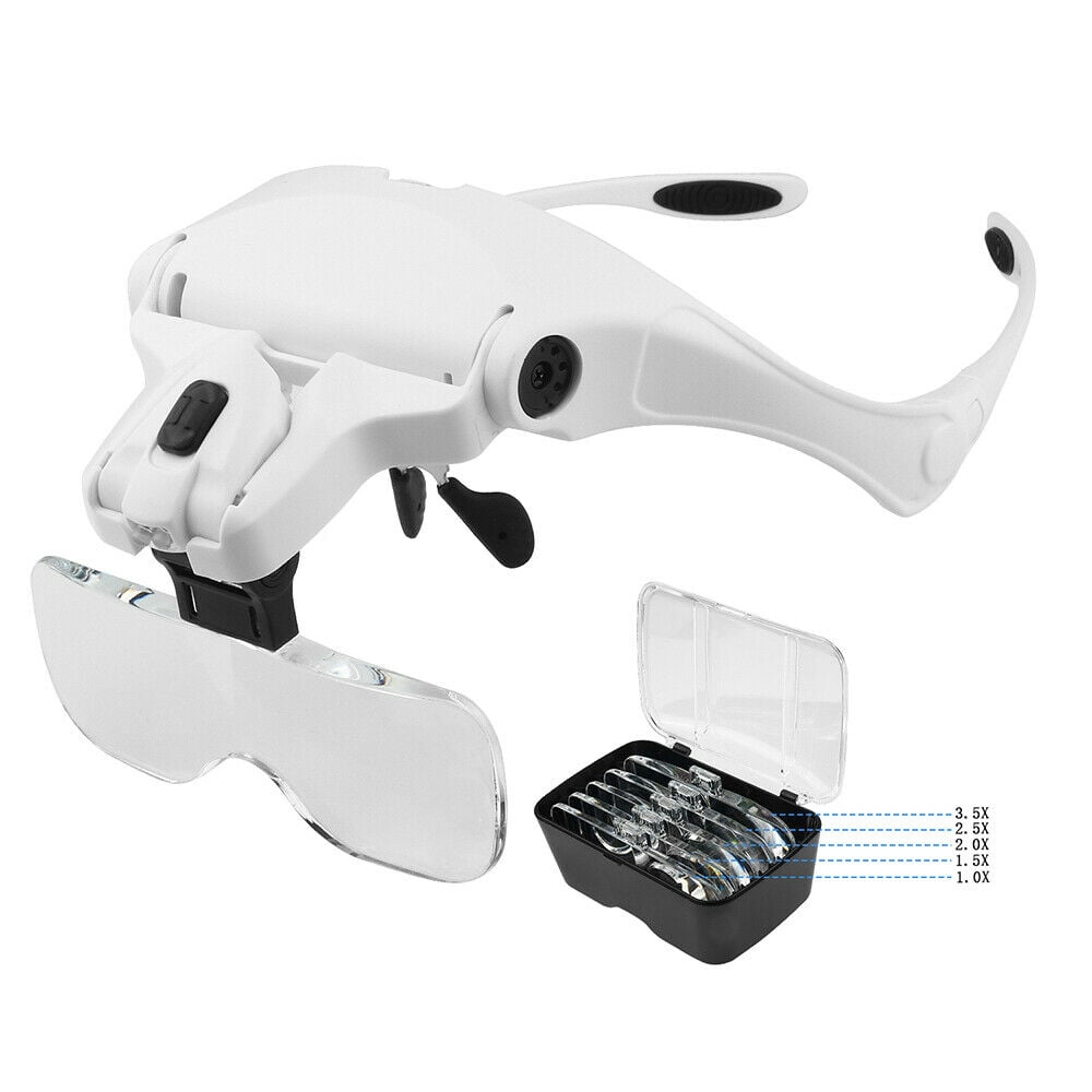 Head Mount Magnifying Glass with 2 Led Professional Jewelers Loupe Light Bracket and Headband are Interchangeable 1.0X,1.5X,2.0X,2.5X,3.5X SOONHUA Magnifying Glasses 