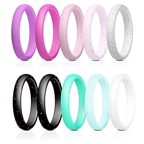 Elimoons Silicone Wedding Ring for Women 10-Pack Thin and Stackable Braided Rubber Bands Fashion Comfortable Safe 