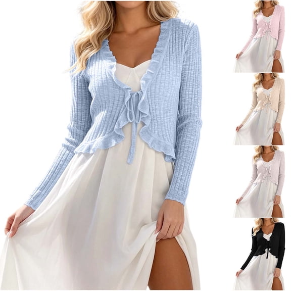 KTFgvq Women's Ruffle Trim Cardigan, Tie Front Crop Jacket, Lightweight Casual Outerwear for Casual Party Night Out, Beige Free Size