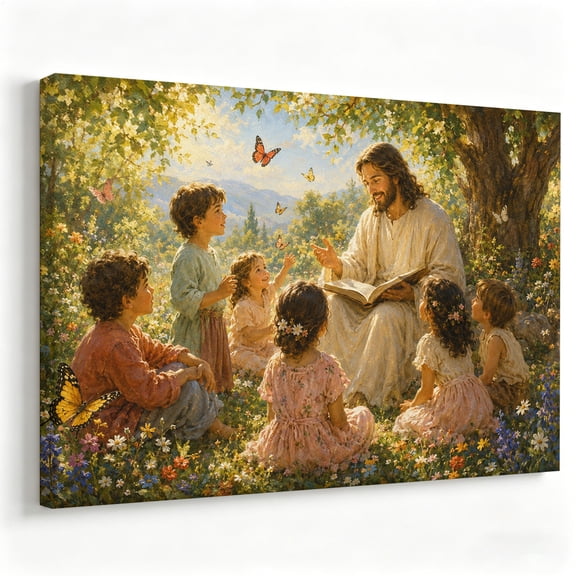 Jesus Teaching Children Canvas Wall Art Christian Faith Poster Impressionist Garden Painting Living Room Bedroom Religious Decor Print Ready to Hang 8*12