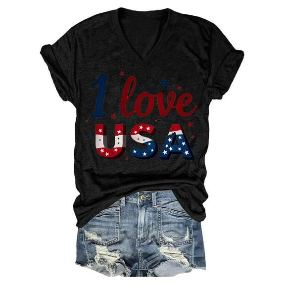 Usa Shirts for Women, Yigetop Women Casual Printing Short Sleeves V Neck Loose T Shirt Blouse Tops American Flag Shirt Women Black L