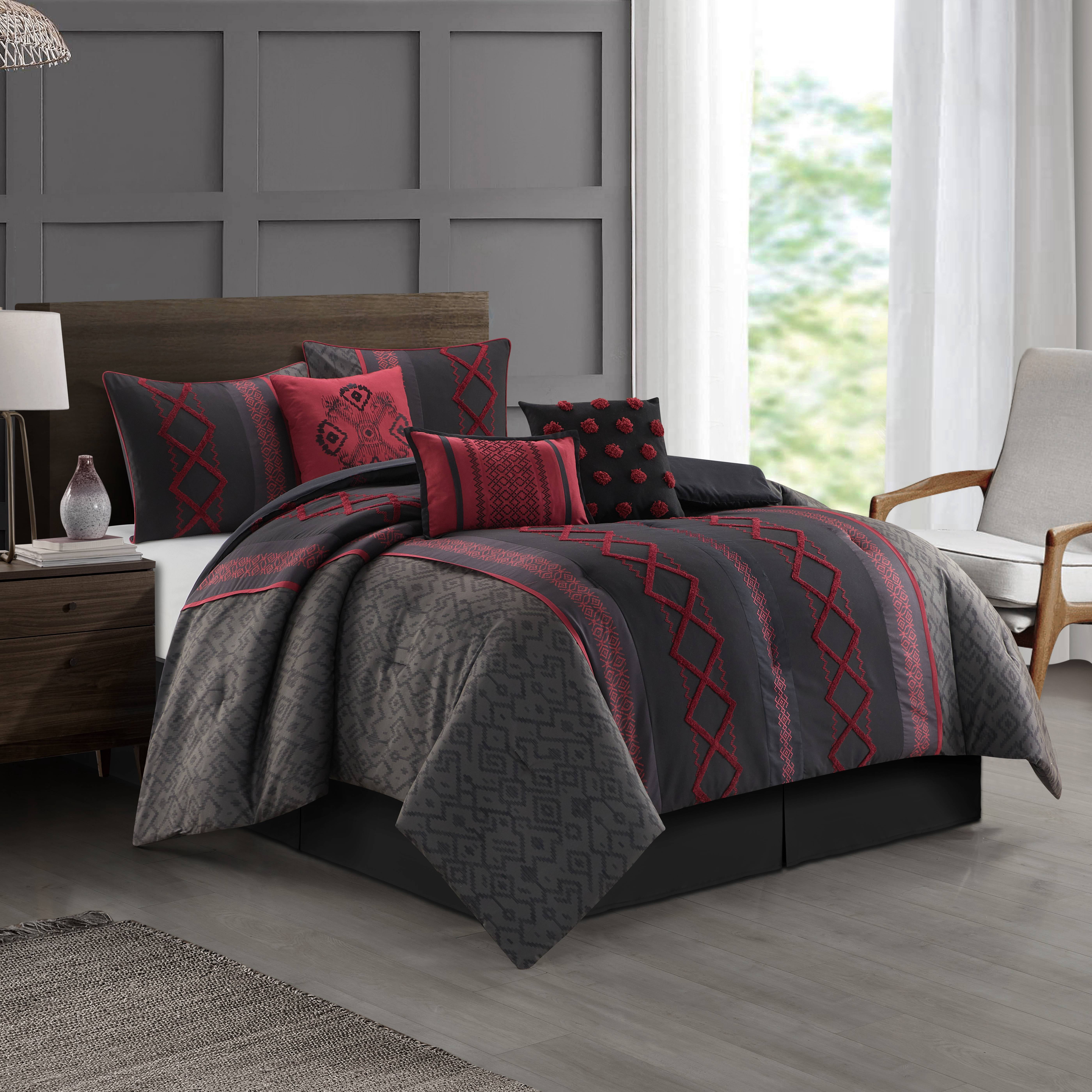 Nanshing Jamie 7 Piece Geometric Comforter Set, Black/Red, California King